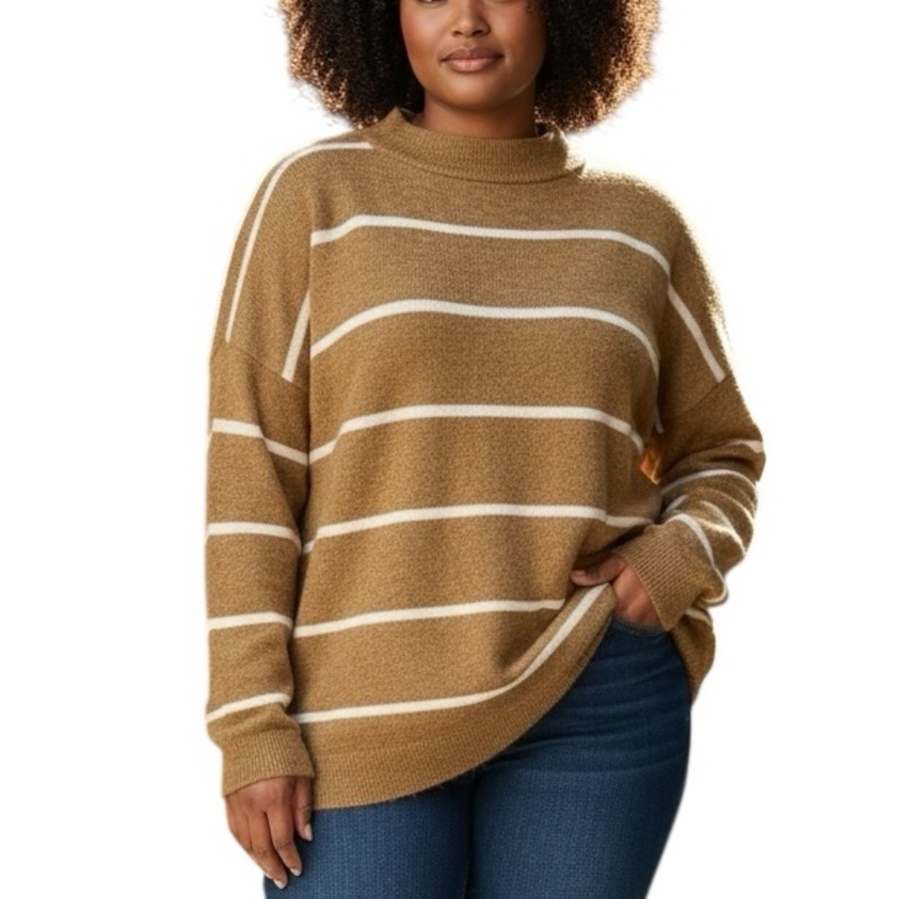 a new day Sweater Brown White Striped Mock Turtleneck Oversized Long Line